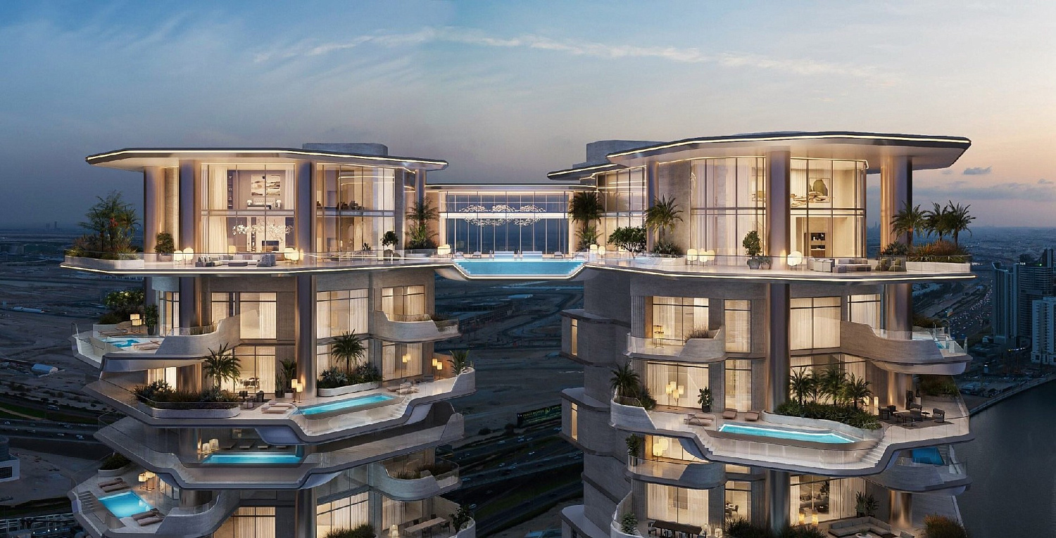 Foster + Partners представляет небоскрёбы Дубая, соединённые бассейном-пентхаусом